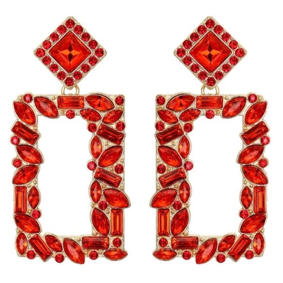 Yellow Gold with Ruby Red Crystal Geometric Open Rectangle Post Back Earrings - Picture 1 of 5